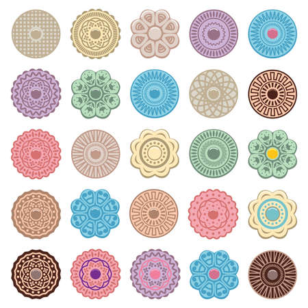 vector set of colorful fruit and oreo cookies of different shapes on white backgroundのイラスト素材