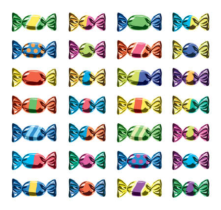vector collection of colorful wrapped candies. foil wrapper candy icons isolated on white background.のイラスト素材