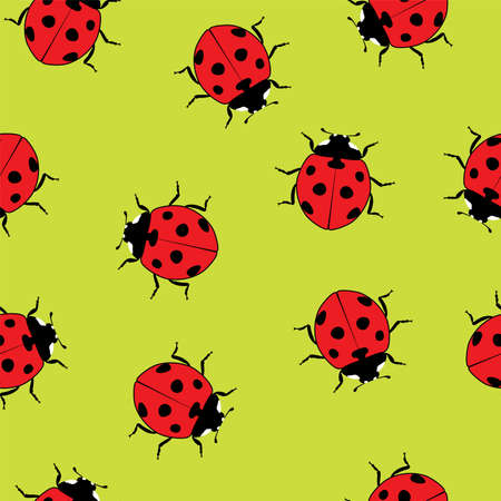 vector ladybug seamless pattern. red ladybird cartoon symbols on green background. cute dotted lady bug summer illustrationのイラスト素材