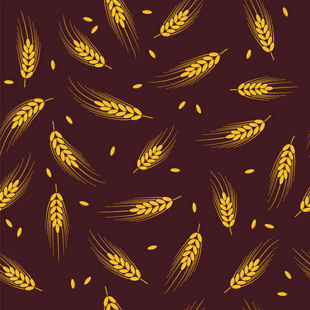 vector seamless wheat, barley or rye background pattern, abstract agricultural yellow and brown ornament with crop harvest ears and wheat, barley or rye seedsのイラスト素材