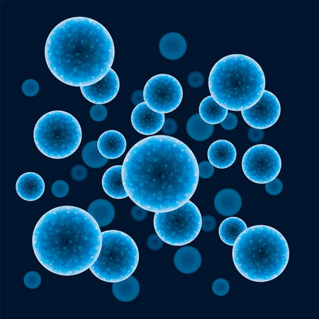 vector abstract health or chemistry blue background with molecules or microbes. epidemic spreading of microorganism microscopic infection of virus, germs or bacteria.のイラスト素材
