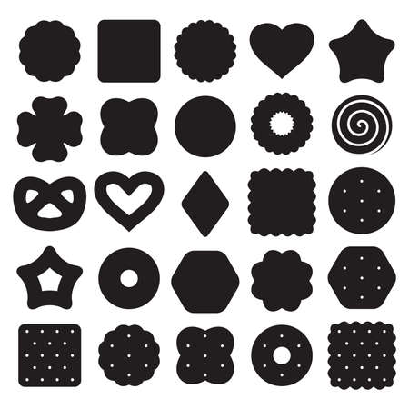 vector set of black and white biscuit cookies and cracker chips. cookie icons of different shapes isolated on white background.のイラスト素材