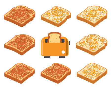 vector toasted bread slices and toaster isolated on white background. crispy breakfast toasts of white bread, delicious food symbols. icon of kitchen toaster, household modern applianceのイラスト素材