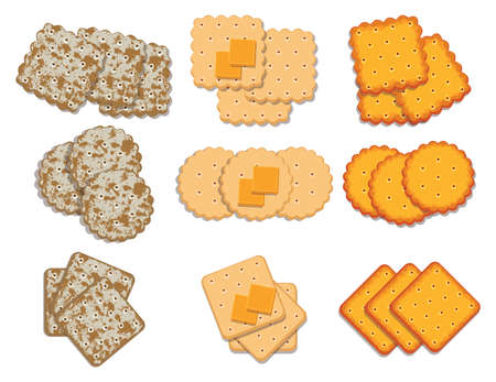 vector set of cracker chips. top view of cheese crackers isolated on white background.のイラスト素材