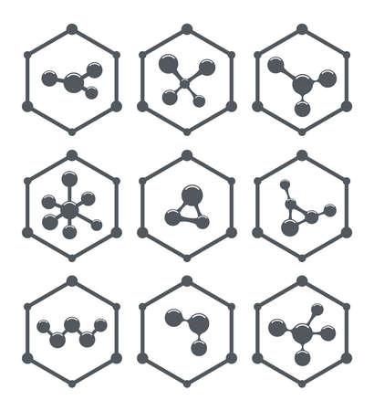 vector abstract molecule icons design. hexagon science or medical logo isolated on white background. set of flat gray color moleculesのイラスト素材