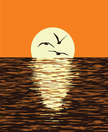 vector background of sea and evening sunset of the sun. Illustration of light reflection of sunlight in wavy ocean water and flying seagull birds ion yellow disk of the sun. Beautiful nature landscape.のイラスト素材