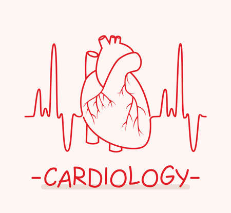 Vector human heart and heartbeat thin line as medical symbol of cardiology. Ekg heart pulse chart illustration.のイラスト素材