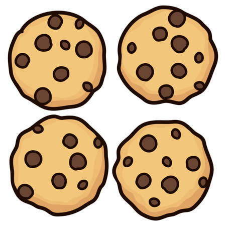 vector set of chocolate chip whole cookies isolated on white background. homemade biscuit choc cookie symbol collection. top view of flat cookie clipartのイラスト素材