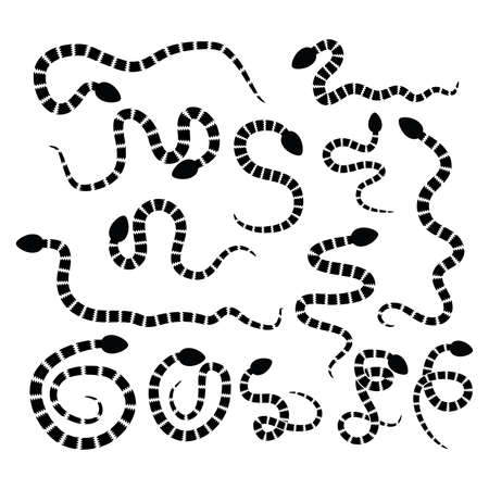 Vector set of snake silhouette icons. black snakes isolated on white background. tattoo design illustrationのイラスト素材