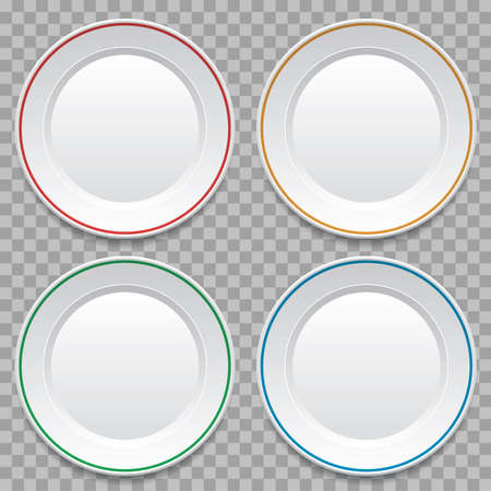 vector set of empty white dinner plates isolated on transparent background. top view plate background for food design. eps10 illustration    のイラスト素材