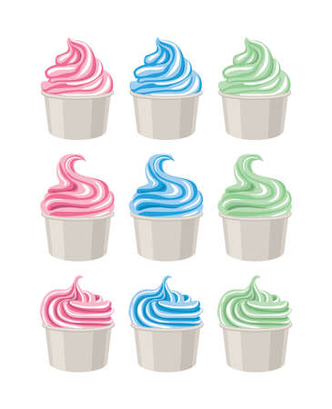vector colorful icons of ice cream or yogurt in cups isolated on white background. whipped and frozen icecream or yogurts symbolsのイラスト素材