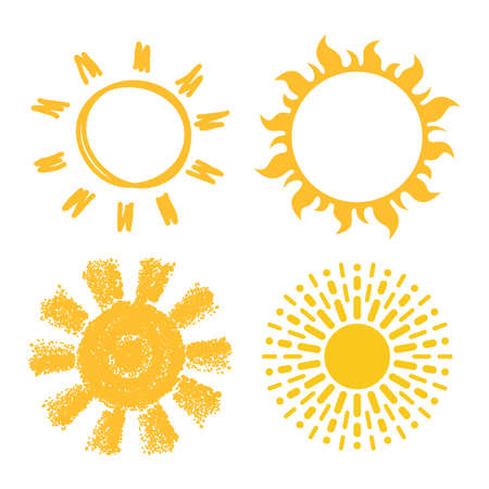 vector icons of suns isolated on white background. collection of yellow sun symbols, flat styleのイラスト素材
