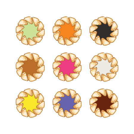 vector jam and chocolate pie set. fruit tart with tasty berry jam filling isolated on white background. pie iconsのイラスト素材
