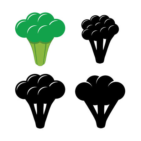 vector broccoli symbols isolated on white background. icon of raw broccoli cabbage as healthy organic food for vegetarian diet. black and green flat colorsのイラスト素材