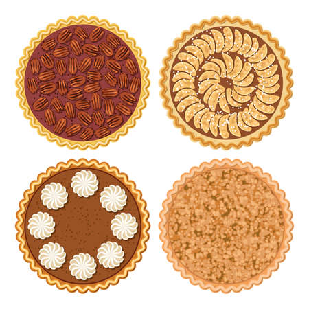 vector set of pie flat icons isolated on white background. homemade apple, crumble apple, pecan and pumpkin piesのイラスト素材
