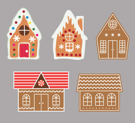 vector gingerbread house cookie set. christmas sweet candy illustration. food winter thin line decoration of gingerbread houses. eps10のイラスト素材