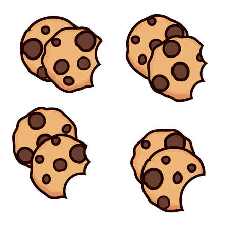 vector set of chocolate chip cookies with bite isolated on white background. homemade biscuit choc cookie symbol collection. top view of flat cookie clipartのイラスト素材