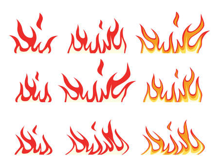 vector collection of fire icons. bonfire flame drawing design isolated on white background. colorful fire flame symbolsのイラスト素材