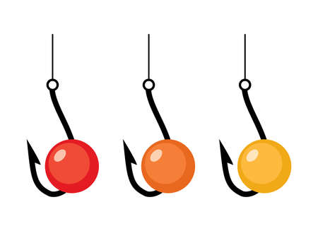vector fishing hooks and red, orange and yellow baits isolated on white.background. fish bait and hook iconsのイラスト素材