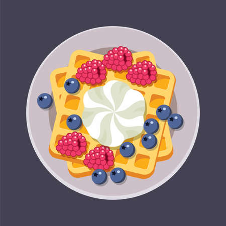 vector belgian waffles on plate with ice cream and colorful berries isolated on white background. breakfast homemade waffle with cream, blueberry and raspberry as sweet dessert food. top view, eps10のイラスト素材