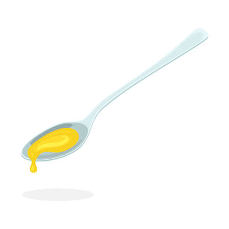 vector spoon and olive oil isolated on white background. organic cooking background with metal spoon pouring sunflower oilのイラスト素材