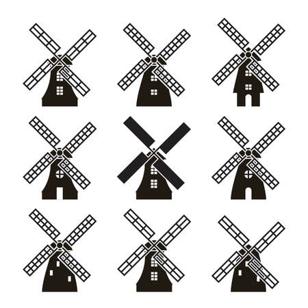 Set of black and white windmill icons isolated on whiteのイラスト素材