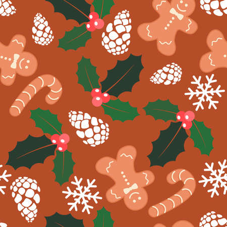 Seamless christmas   with gingerbread cookies, pine cones, snowflakes, red berries with green...