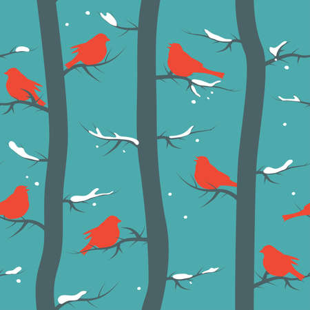 Seamless repeating pattern with birds and trees.