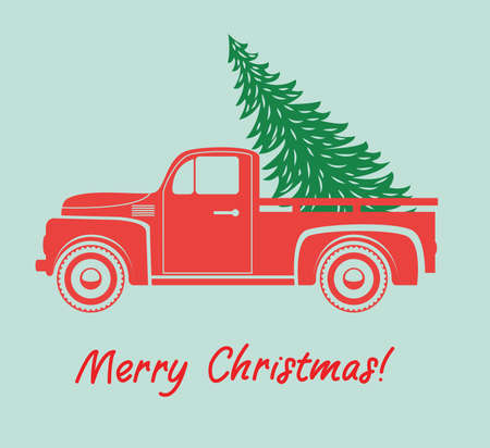 vector vintage pickup truck delivery of christmas tree. old red car with holiday fir tree and set of extra trees for retro cards, happy new year and merry christmas illustrations. red retro truckのイラスト素材