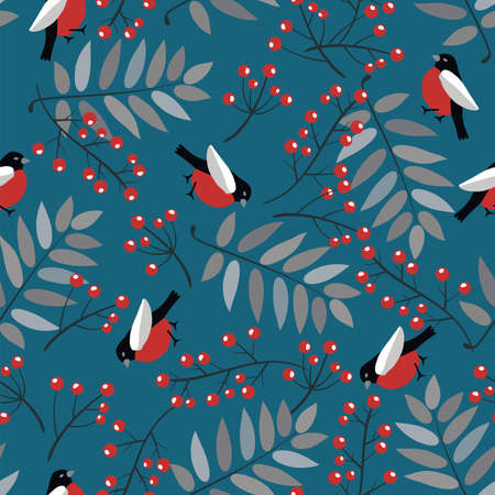 Seamless  with bullfinch birds, red berries and leaves of mountain ash tree.のイラスト素材