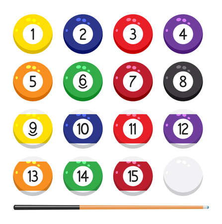 vector collection of billiard pool or snooker balls with numbers and cue isolated on white background, flat ball symbol, eps10 illustrationのイラスト素材