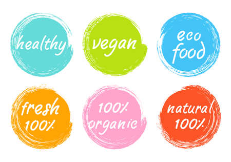 vector colorful brush strokes circles with text. grunge backgrounds for healthy vegan and eco food, fresh, organic and natural. round paint stroke textures isolated on white background. ink splashのイラスト素材