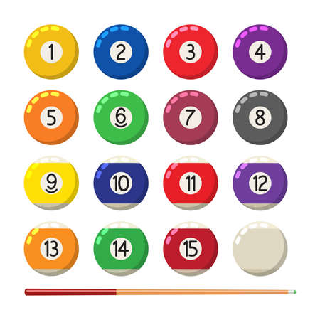 vector collection of billiard pool or snooker balls with numbers and cue isolated on white background, flat ball symbol, eps10 illustrationのイラスト素材