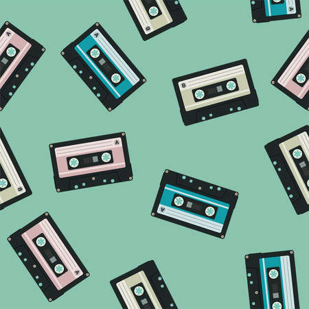 vector seamless audio cassettes background. retro equipment for audio music recorder. vintage seamless pattern with music cassette tapesのイラスト素材