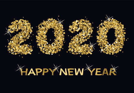 vector happy new year card with golden twenty twenty numbers and golden happy new year text with sparklesのイラスト素材