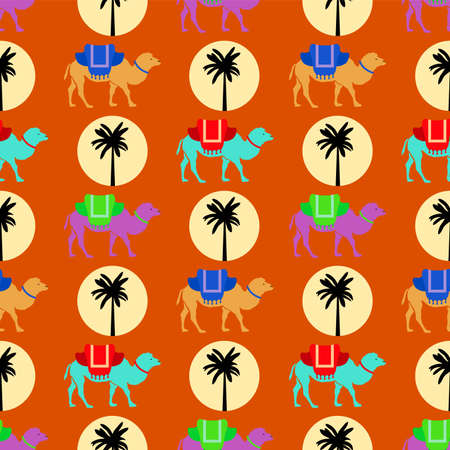 Seamless pattern with camels, sun and palm tree.のイラスト素材
