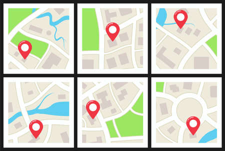 vector set of city maps with symbols of streets, houses, parks, lakes, rivers and navigation pins. graphic illustration of city map icons isolated on white backgroundのイラスト素材