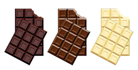 vector set of chocolate bar pieces isolated on white background. milk, black and white chocolate blocks with a biteのイラスト素材