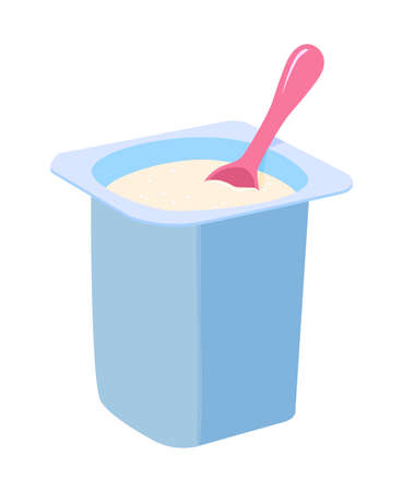 vector yogurt in a container with plastic spoon isolated on white background. healthy milk dairy food concept. plastic package fruit yogurtのイラスト素材