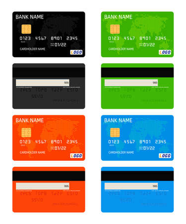 vector realistic bank credit card template isolated on white background. business finance design illustration. black, green, red and blue bank credit cards with dotted world map decorationのイラスト素材