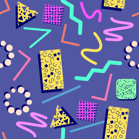 Seamless 80s or 90s pattern, hipster style with chaotic geometric shapesのイラスト素材