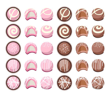vector collection of chocolate candies for dessert, top view, side view and broken. flat candy icon isolated on white backgroundのイラスト素材
