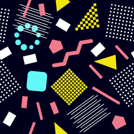 Vector seamless 80s or 90s pattern, hipster style with chaotic geometric shapesのイラスト素材