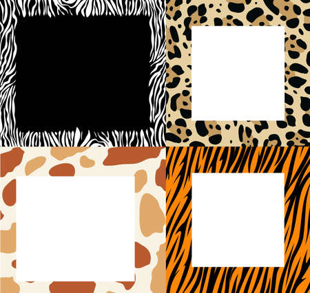 Vector set of frame borders with abstract zebra skin, cow skin, leopard skin and tiger skin texturesのイラスト素材