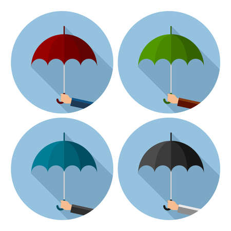 vector set of flat icons of umbrella protection from rain drops. symbol of man's hand holds umbrella isolated on white backgroundのイラスト素材