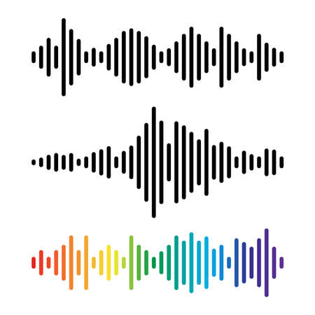 vector music background of audio sound waves pulse, equalizer voice frequency, black and white and colorful set simple illustration of audio sound wave signalのイラスト素材
