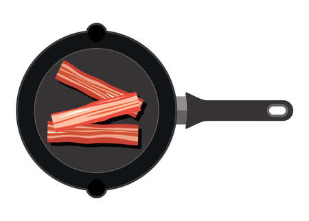 vector pan with roasted bacon slices. breakfast flat icon isolated on white background. ham bacon and metal pan symbolsのイラスト素材