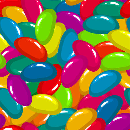 vector seamless pattern with assortment of colorful fruit gelatin jelly beans, jellybean candy background, flat illustration, bright  rainbow colors. marmalade beans for seamless food backgroundsのイラスト素材