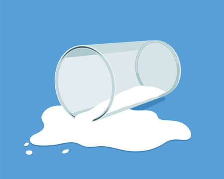 vector glass of milk with spilled milk isolated on blue background. the glass is on its side. flat design illustrationのイラスト素材