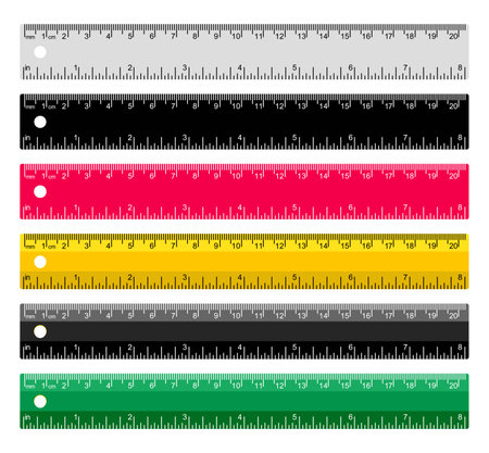 vector set of metal and plastic school rulers in millimeters, centimetres and inches. long colorful ruler isolated on white background.education equipment toolのイラスト素材